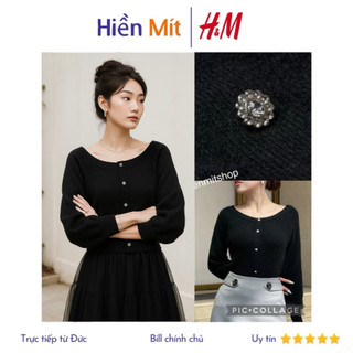  H&M Đức - Áo len đen cổ thuyền nút trang sức đính hạt tay phồng dài HM chính hãng auth cao cấp new tag 0944018001 