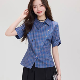 Áo sơ mi caro nữ ngắn tay cổ polo thiết kế phối hàng nút áo xéo Anan Bigsize AS0009BL
