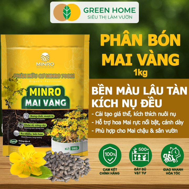 Phân Bón Hoa Mai GreenHome, Minro, Bao 1kg, Hữu Cơ, Dưỡng Cây, Bung Chồi, Mượt Lá, Khoẻ Rễ, Bền Hoa