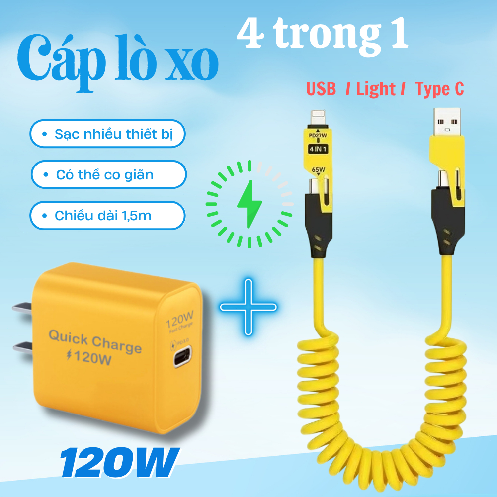Dây sạc lò xo 4 trong 1 USB/Light/Type C - Thiết kế lò xo kéo dài 1.5m thay đối chiều dài tùy ý - Dùng cho lP  - Android
