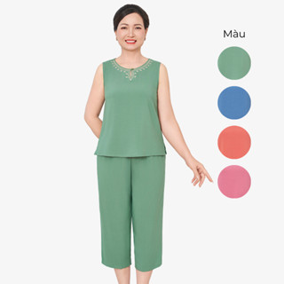 Bộ đồ trung niên thêu chất vải Lanh quần lửng áo sát nách xẻ khuyết thời trang Việt Thắng - B25.5088