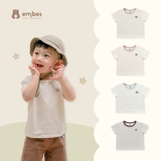 Áo Phông Cho Bé Embes, Áo Cộc Tay Thêu Gấu Phối Kẻ Ngang Chất Thun Lạnh Cho Bé Trai Bé Gái Từ 8-18Kg