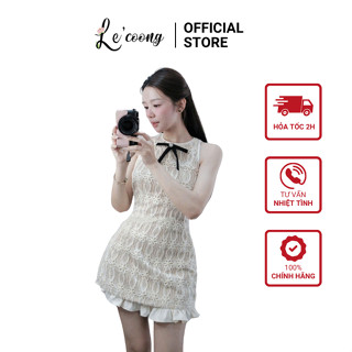 Váy Tiểu Thư Dáng Ngắn Cổ Yếm LECOONG V787 Đầm Đi Tiệc Hoa Nổi Đính Nơ Sang Chảnh