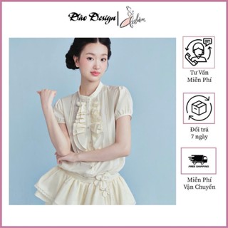 Set bộ đồ nữ Đào design áo sơ mi tay bồng phối bèo ngực mix chân váy tầng kèm quần short nhẹ nhàng, tiểu thư