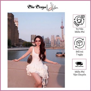 Đầm váy 2 dây dáng ngắn cổ vuông ôm body thiết kế chân váy xếp ly đa tầng phối tua rua sang chảnh