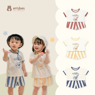Bộ Quần Áo Cộc Cho Bé Trai Bé Gái Embes, Bộ Cộc Tay Kẻ Sọc In Hình Chất Cotton Mềm Size Từ 8-18Kg