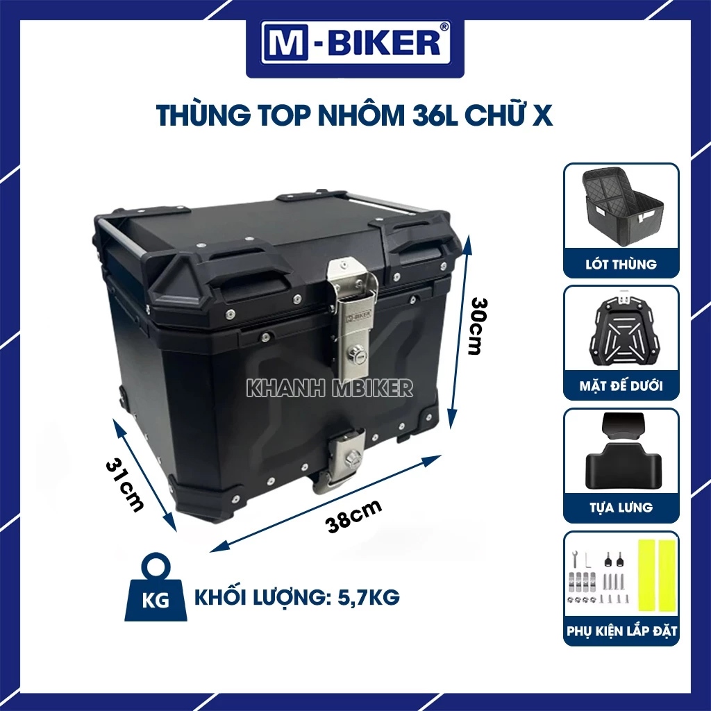 Thùng nhôm 36L chữ X M-Biker, thùng nhôm xe máy dung tích 22L 28L 45L 55L 65L thùng nhôm gắn xe máy