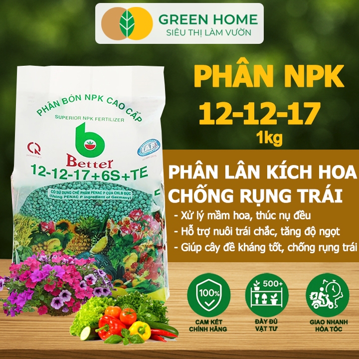 Phân bón NPK 12-12-17-6S+TE GreenHome, Better, Bao 1kg, Tăng Đậu Trái Cây Ăn Củ, Quả