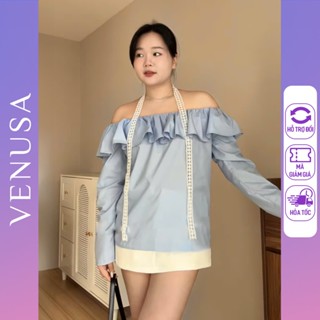 Áo nữ BIGSIZE trễ vai dài tay màu xanh mix dây ren cổ bánh bèo Venusa Store