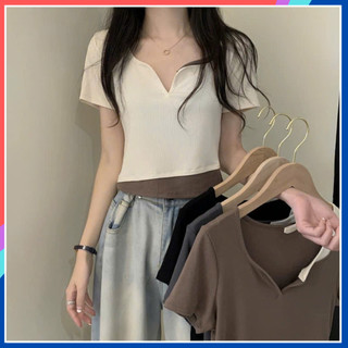 Áo croptop nữ ngắn tay phối màu độc đáo chất liệu len tăm thấm hút mồ hôi tốt áo croptop cổ v AT17 cách điệu hợp đi choi
