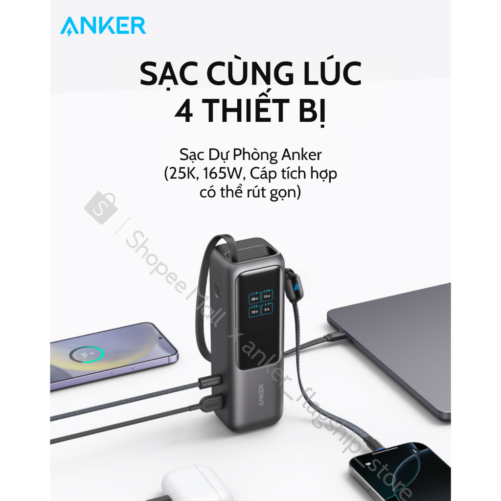 Pin dự phòng Anker Zolo Power Bank 25000mAh công suất 165W tích hợp cáp USB-C có thể thu gọn - A1695 | BigBuy360 - bigbuy360.vn