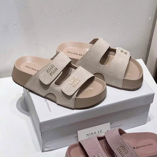 Dép hai quai ngang Dán to minmin chất da lộn cao 3 phân