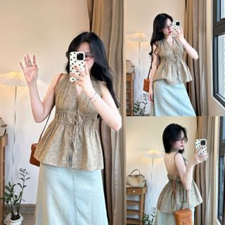 Áo Cổ Yếm Hoa Nhí Hở Lưng Chun Eo Phối Dây Nơ Maia Item Đi Biển Siêu Xinh JOOLATE Aoyem776 P0K16