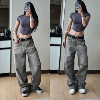 Quần jean ống rộng màu xám khói wash trắng hoạ tiết rách gối - Tiktik