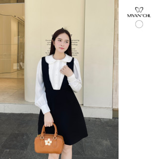  Áo Sơ Mi MYAN DESIGN Trắng Cổ Bèo Phối Yếm Cổ Vuông Chiết Eo Dáng Xòe Áo Xếp Ly 25FBASM143 VSS250321 