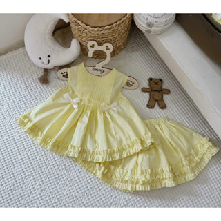 [Chỉ Bán Loại 1] Set áo babydoll mix chân váy xoè nhún bèo cho bé gái siêu xinh - Set áo + cv vàng đính nơ trắng
