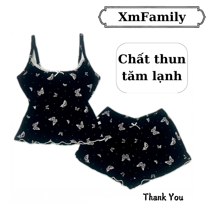 Set bộ ngủ ÔM BODY [XmFamily] hoạ tiết Bướm nữ áo 2 dây phối ren, nơ và quần bèo chất thun tăm mịn mát.