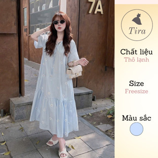 Váy babydoll bầu TIRA MAMA M28 Váy bầu suông đuôi cá Đầm xòe dáng dài Váy hoa xanh hoạ tiết thêu