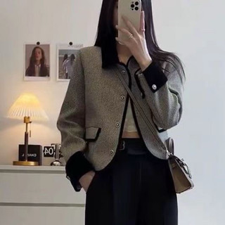  Áo khoác dạ tweed cổ bẻ xám phối tay nhung cúc kim loại quảng châu cao cấp 