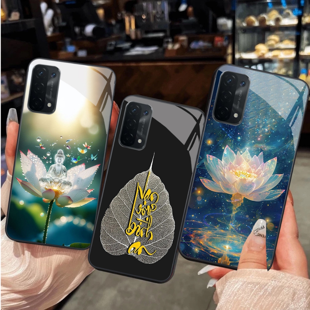 Ốp lưng Oppo A54 / A55 4G / A55 5G / A56 5G Mặt kính cường lực hình lá bồ đề hoa sen,bình an