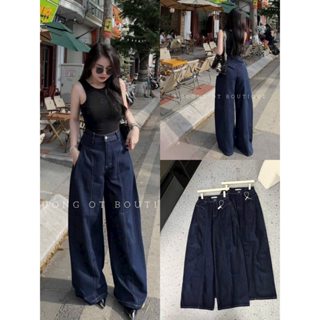 Quần Bò Jeans Nữ Ống Rộng, Quần Bò Denim Suông Ống Rộng Trơn Phối Viền Xanh Than Bản Cạp Cao Siêu Hách Dáng Cực Đỉnh