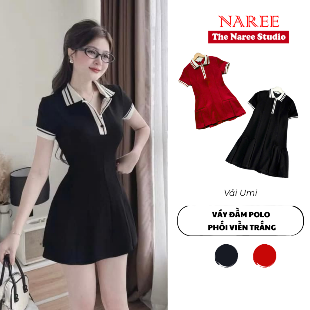 Đầm Polo Nữ Form Ôm Body Dáng Xoè NAREE, Váy Polo Tay Ngắn Phối Viền Trắng Umi Đi Làm Đi Chơi 387Q
