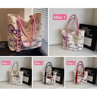  Túi vải Canvas Túi đeo vai hình mèo hello kitty sức chứa lớn có khoá kéo 