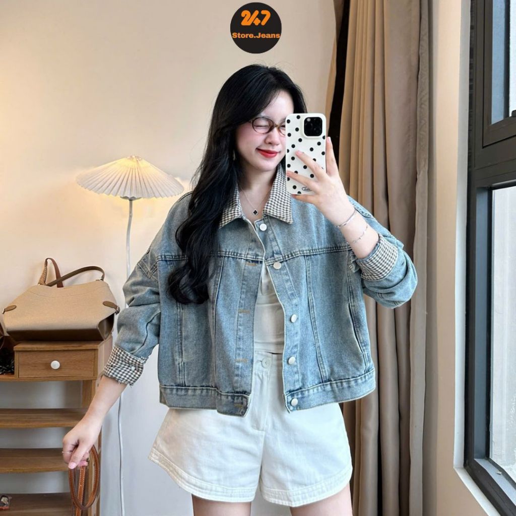 Áo khoác jeans nữ phối cổ và tay kẻ caro nâu 247store Form basic unisex cá tính