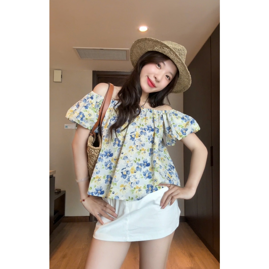(ẢNH OLDSCHOOL) Áo trễ vai nữ hoạ tiết hoa chất thô in dáng ngắn BABY FLOWERS | BigBuy360 - bigbuy360.vn