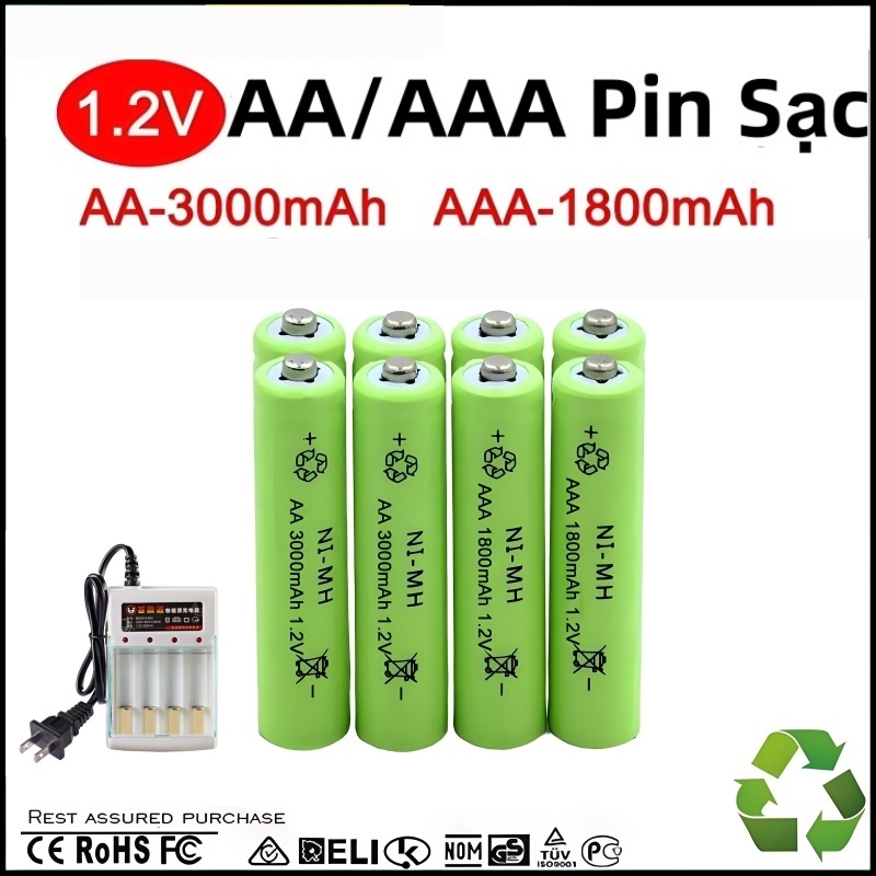 4 Viên Pin sạc AA 3000mAh/AAA 1800mAh Ni-MH 1.2V Bộ sạc chính hãng Đầu nhọn mới nguyên  dung lượng lớn