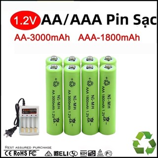 4 Viên Pin sạc AA 3000mAh/AAA 1800mAh Ni-MH 1.2V Bộ sạc chính hãng Đầu nhọn mới nguyên  dung lượng lớn