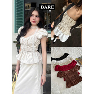 BARE_Áo Babydoll Linen Kiểu Nữ Tay Phồng Chun Eo, Áo ALICIA Linen Nhún Tầng Cổ Vuông Tay Phồng_A556