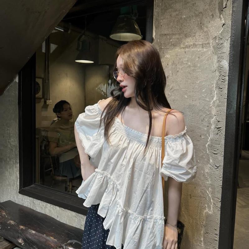 Áo Sơmi Babydoll Thô Tay Cộc Viền Ren Vạt Bất Đối Xứng Mặc 2  Kiểu”PUKA TOP”-2 Màu siêu xinh-Dành Cho Nữ