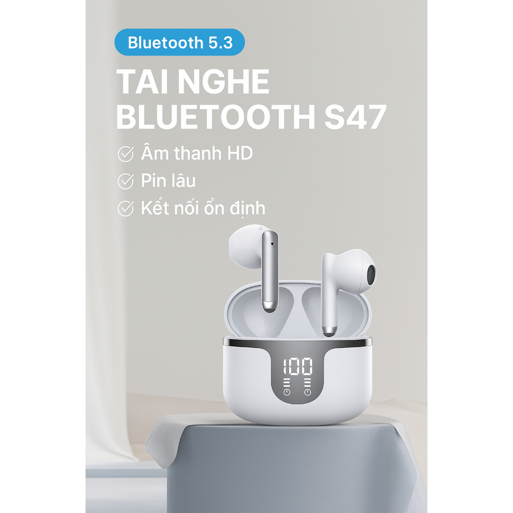 Tai Nghe Bluetooth 5.3 TWS EQ1 Không Dây – Pin 7H, LED Hiển Thị %, Hộp Sạc 400mAh, Nghe Gọi Rõ