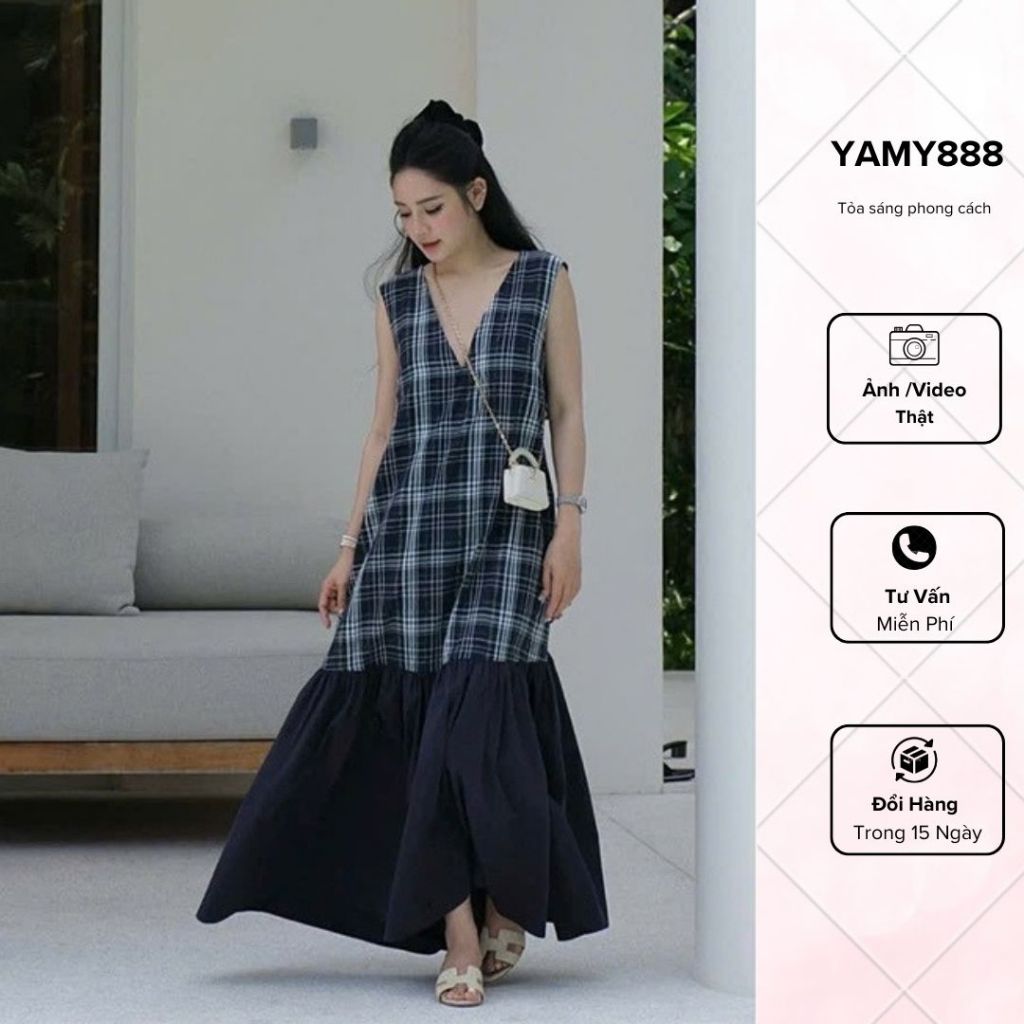Váy Maxi Sát Nách Dáng Dài Xòe Họa Tiêtr Kẻ Vuông Dạo Biển Xinh V6366 - Yamy888