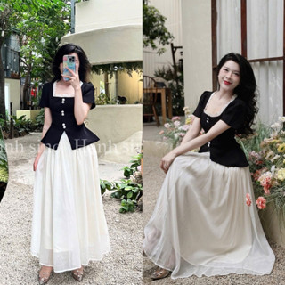 [S2.4086] Set Áo Cổ Vuông Phối Ren Cúc Bọc Mix Chân Váy Voan Tơ 2 Lớp