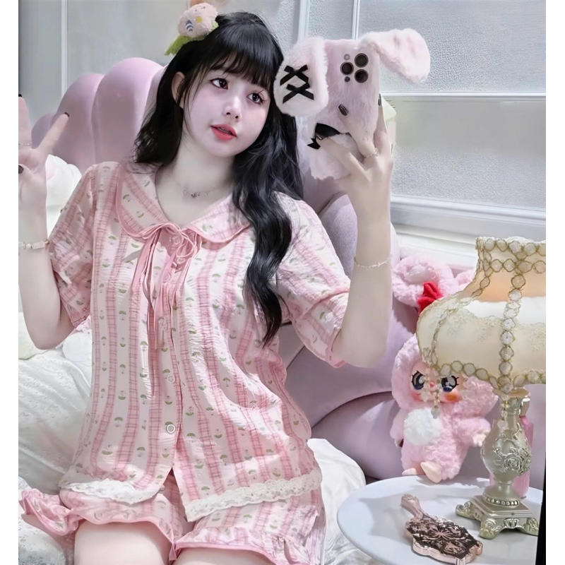 ĐỒ BỘ NỮ, SÉT BỘ MẶC NHÀ ÁO CỘC TAY CỔ NƠ PHỐI HOẠ TIẾT MIX QUẦN ĐÙI 6 MÀU BIGSIZE 45-85KG