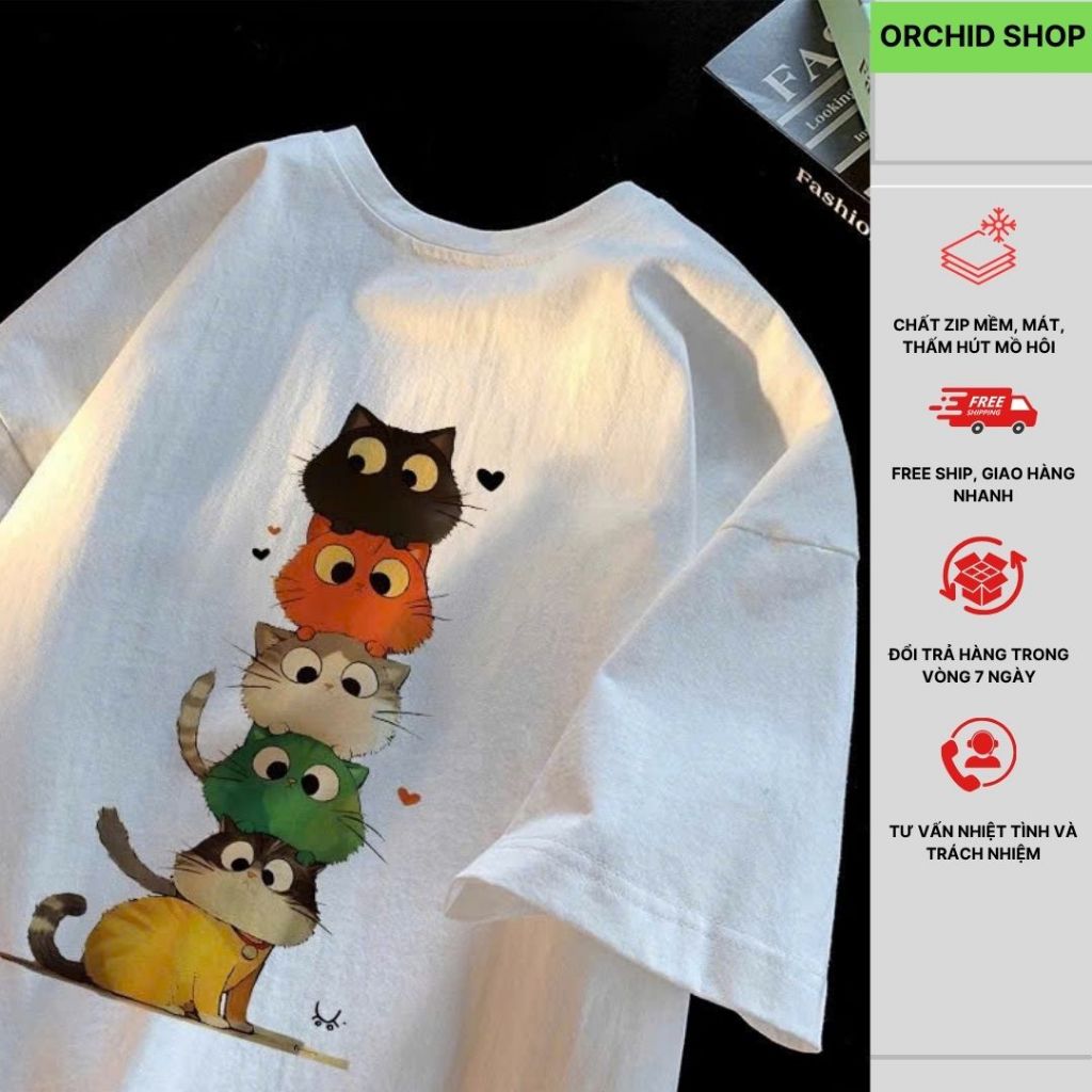 Áo thun nữ cotton, Áo phông nữ, Áo cộc tay nữ, Áo thun năm con mèo, Áo phông nữ cotton Orchid shop