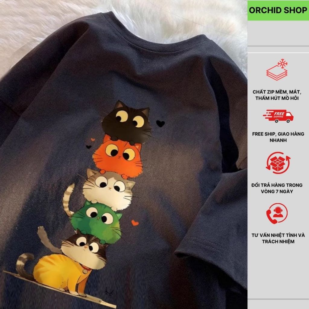 Áo thun nữ cotton, Áo phông nữ, Áo cộc tay nữ, Áo thun năm con mèo, Áo phông nữ cotton Orchid shop