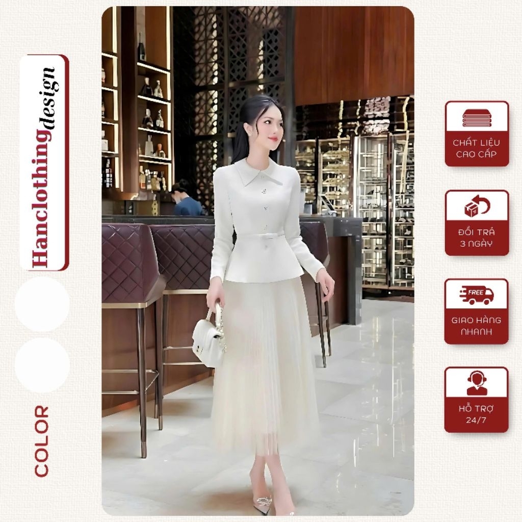  Set áo dạ tiểu thư tay dài phối chân váy xếp ly sang trọng đầm váy dự tiệc 
