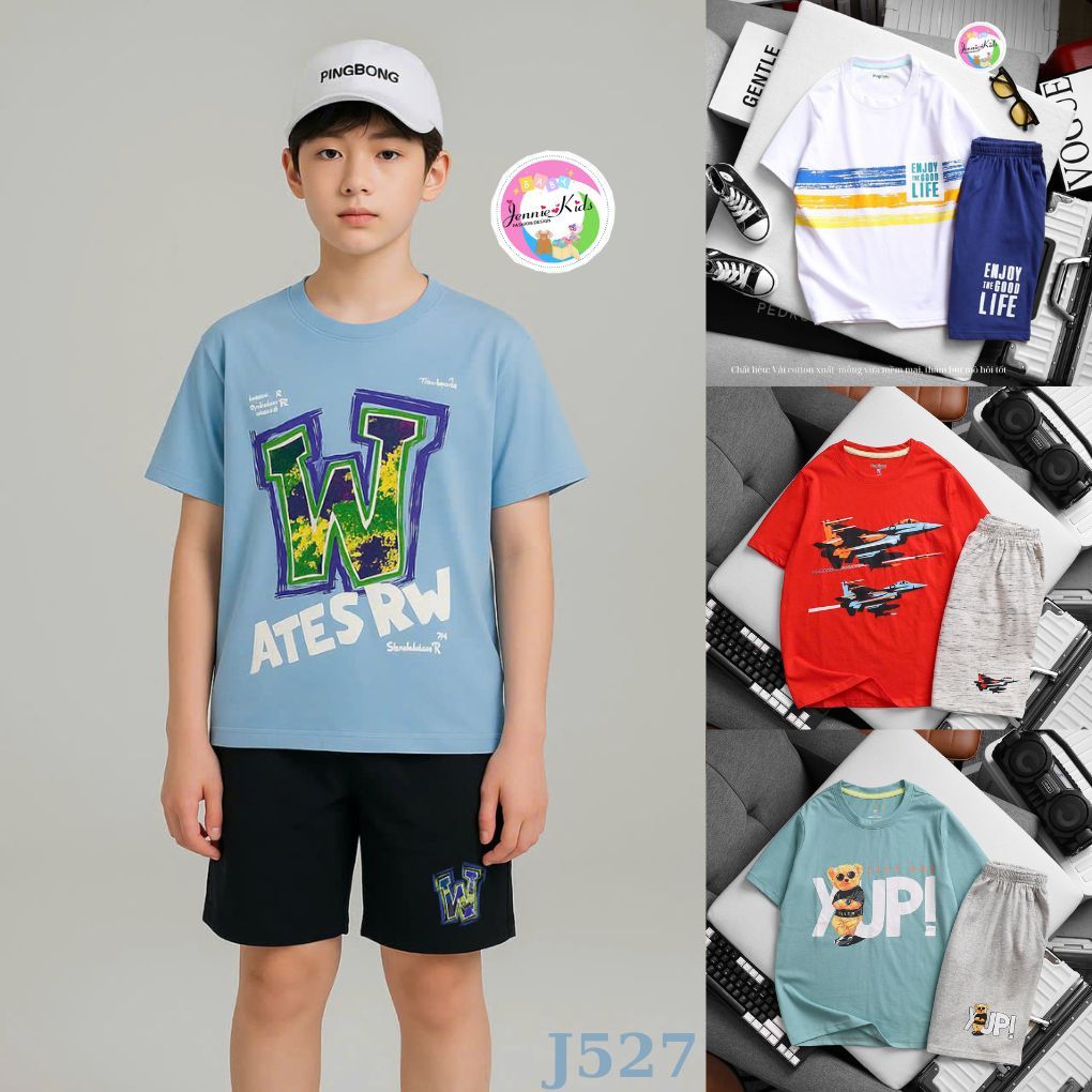 Bộ Cho Bé Trai Thun Cotton VNXK Size Đại 33-58kg Đồ Trẻ Em Cộc Tay In Hình 3D Siêu Nhân, Labubu, Khủng Long J527