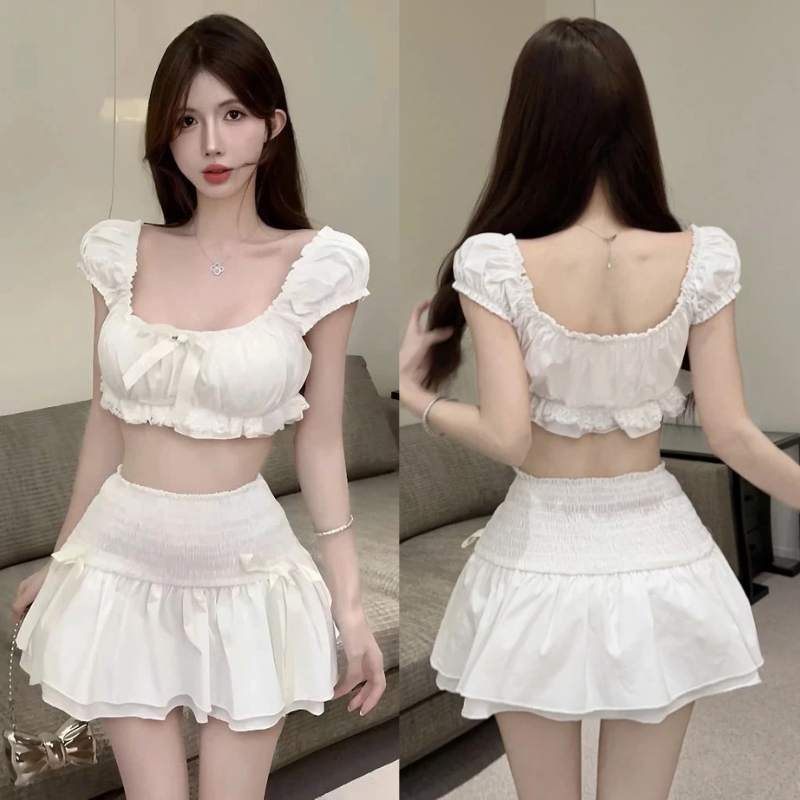 Set Váy Đi Biển - Áo Croptop Trễ Vai Đính Nơ Cúp Ngực Kèm Chân Váy Xòe Tầng Cạp Chun Siêu Xinh