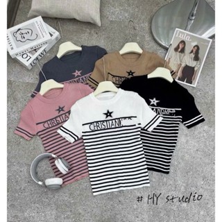 Áo Len Nữ Kẻ Sọc Ngang  Phối Màu Dệt Kim Hình Ngôi Sao Chữ ĐI O.Cổ Tròn Tay Ngắn From Ôm Body.Huyền Thanh Shop