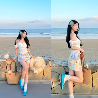 Set Đồ Nữ Đi Chơi, Set Áo Trễ Vai Ren Thêu Phối Chân Váy Hoa Cách Điệu Trẻ Trung Cho Nàng Đi Biển, Đi Du Lịch Đều Sang