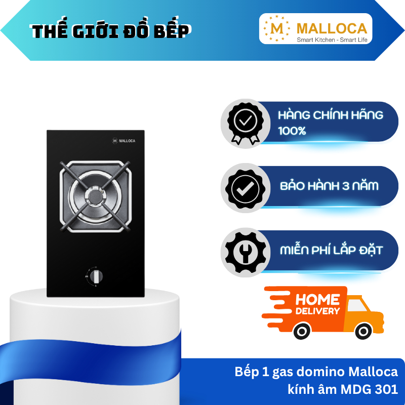 Bếp kính âm Malloca Domino 1 gas MDG 301, Mặt kính cường lực, Mâm đốt Sabaf Ý - TGB