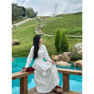 Váy Sơ Mi Liền Thân, Dài Tay, Dáng Dài, Kèm Đai Màu Trắng Chất Liệu Vải Thô Nhật Hạn Chế Nhăn