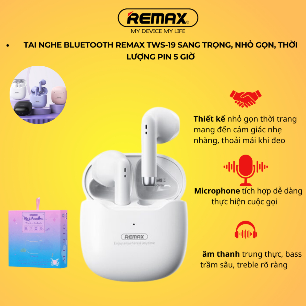Tai Nghe Bluetooth Remax TWS-19 Sang Trọng, Nhỏ Gọn, Thời Lượng Pin 5 Giờ