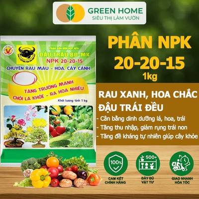 Phân Bón NPK 20-20-15 GreenHome, Đầu Trâu, 1Kg, Chuyên Hoa, Cây Cảnh Giúp Ra Hoa, Hoa Đẹp, Lâu Tàn