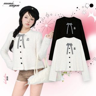 [Tặng kèm nơ] Áo cardigan nữ MONÁ chất len giả lông giữ ấm phối nơ - BAMBI TOP