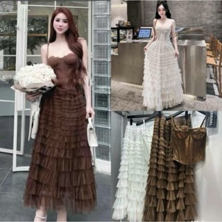 Sét váy nàng thơ sang chảnh sét áo corset ren cúp 2 dây vạt bầu phối chân váy lưới dáng dài nhiều tầng tùng xòe tiểu thư